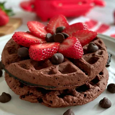 Delicious chocolate chaffle served with whipped cream and strawberries