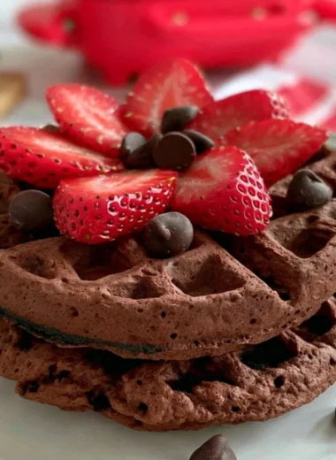 Delicious chocolate chaffle served with whipped cream and strawberries
