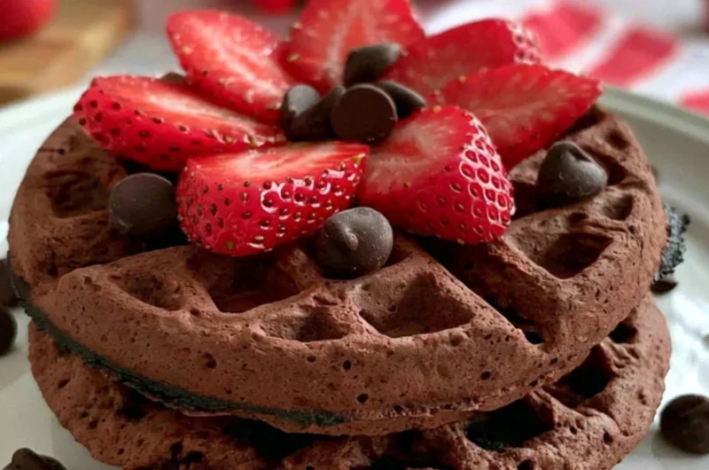 Delicious chocolate chaffle served with whipped cream and strawberries