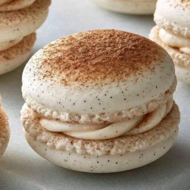A delicious cinnamon roll macaron with swirls of cinnamon frosting on top.