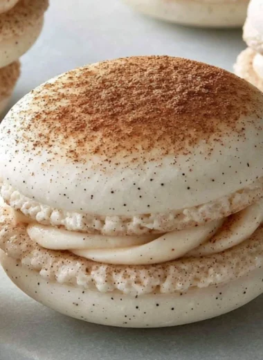 A delicious cinnamon roll macaron with swirls of cinnamon frosting on top.