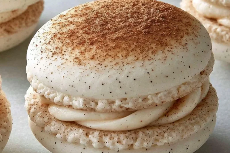 A delicious cinnamon roll macaron with swirls of cinnamon frosting on top.