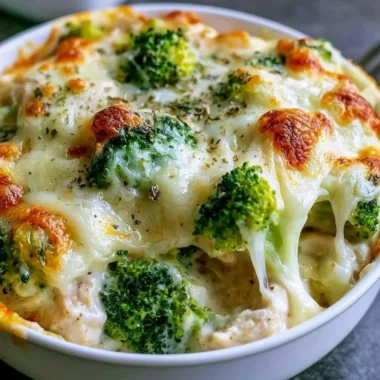 Creamy Keto Chicken Alfredo Broccoli Bake topped with cheese and served in a dish