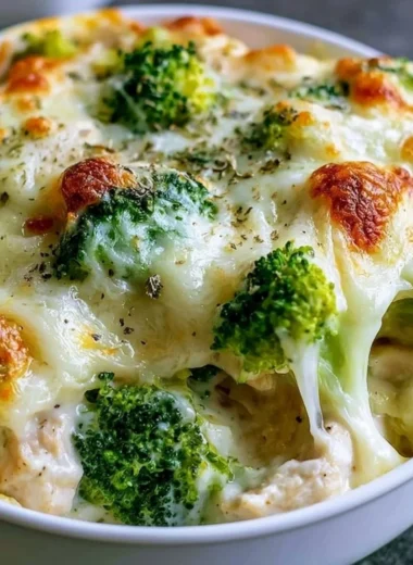 Creamy Keto Chicken Alfredo Broccoli Bake topped with cheese and served in a dish