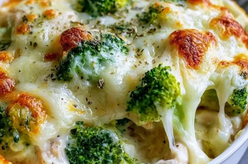 Creamy Keto Chicken Alfredo Broccoli Bake topped with cheese and served in a dish