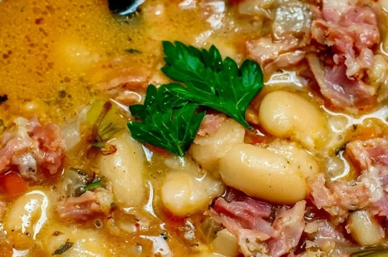 Crock Pot ham bone and bean soup in a bowl garnished with parsley