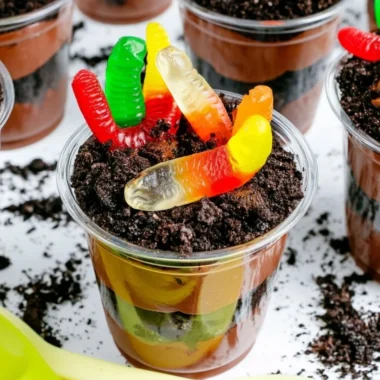 Delicious dirt cups dessert with chocolate, pudding, and gummy worms