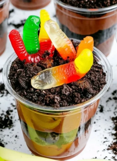 Delicious dirt cups dessert with chocolate, pudding, and gummy worms