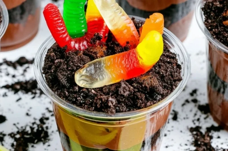 Delicious dirt cups dessert with chocolate, pudding, and gummy worms