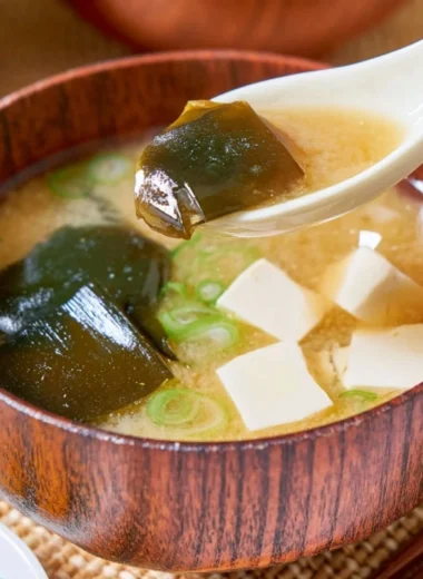 Bowl of easy homemade miso soup with toppings