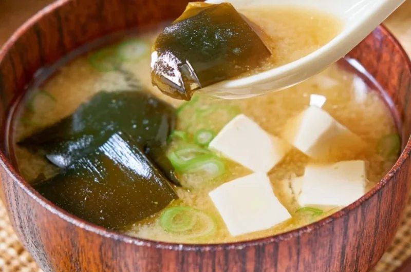 Bowl of easy homemade miso soup with toppings