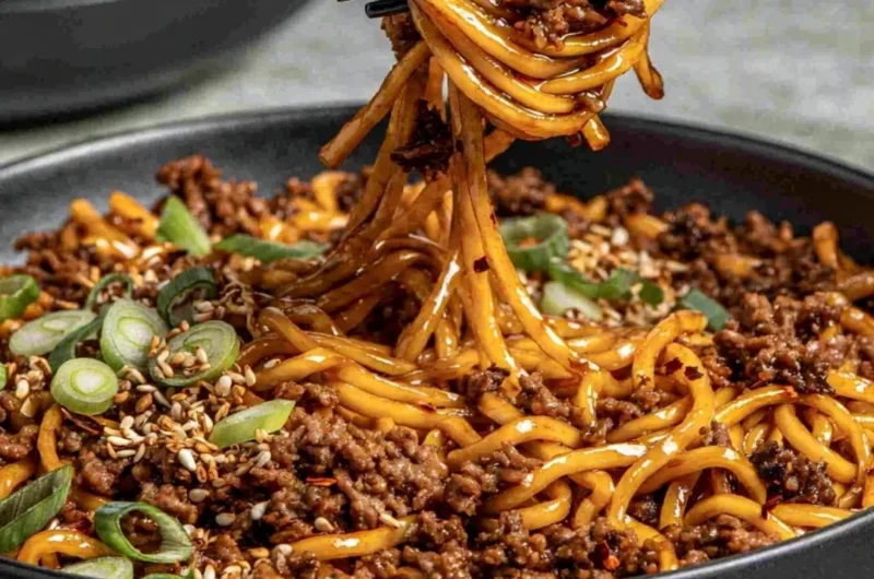 Plate of easy Mongolian ground beef noodles garnished with green onions