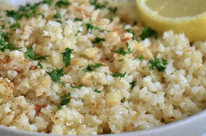 Delicious Garlic Butter Cauliflower Rice in a bowl, garnished with herbs.