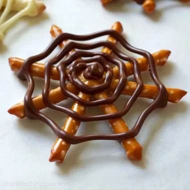 Delicious chocolate pretzel spider web dessert for Halloween celebrations