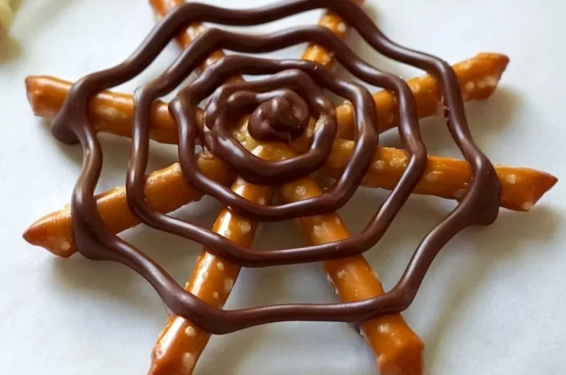 Delicious chocolate pretzel spider web dessert for Halloween celebrations
