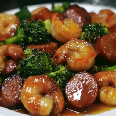 Delicious Honey Garlic Shrimp with sausage and broccoli in a vibrant dish