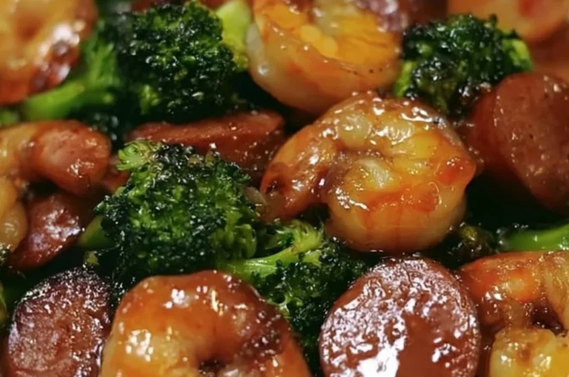 Delicious Honey Garlic Shrimp with sausage and broccoli in a vibrant dish