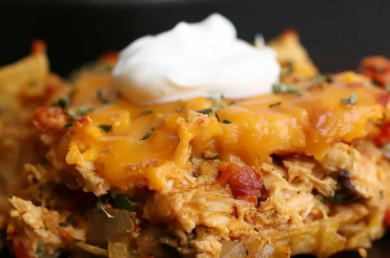 King Ranch Chicken Casserole served in a baking dish with toppings.