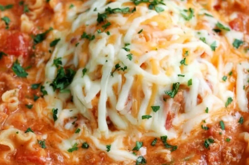 Bowl of delicious Lasagna Soup topped with cheese and herbs