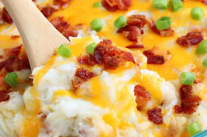 Loaded baked potato casserole topped with cheese and green onions