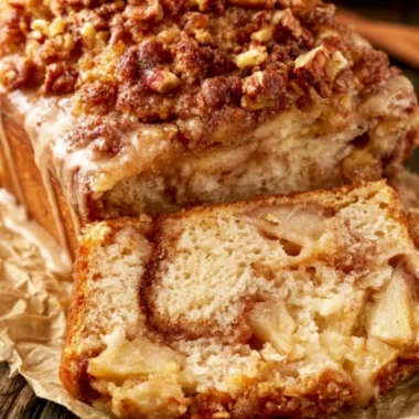 Moist and tender cinnamon apple bread loaf with cinnamon and apple slices