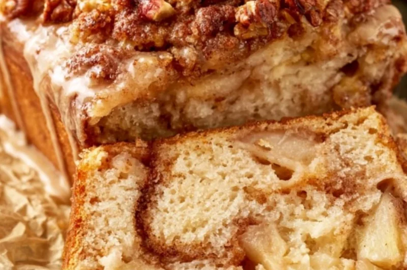 Moist and tender cinnamon apple bread loaf with cinnamon and apple slices
