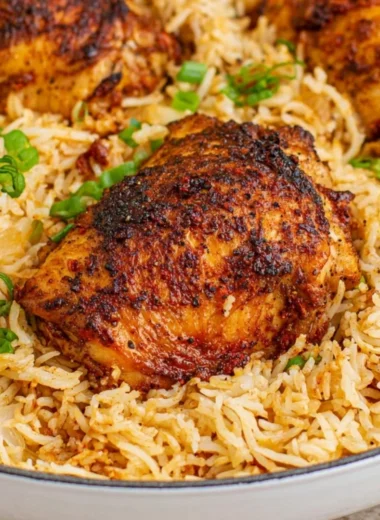 One pot chicken and rice dish served with vegetables