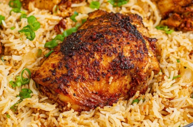 One pot chicken and rice dish served with vegetables