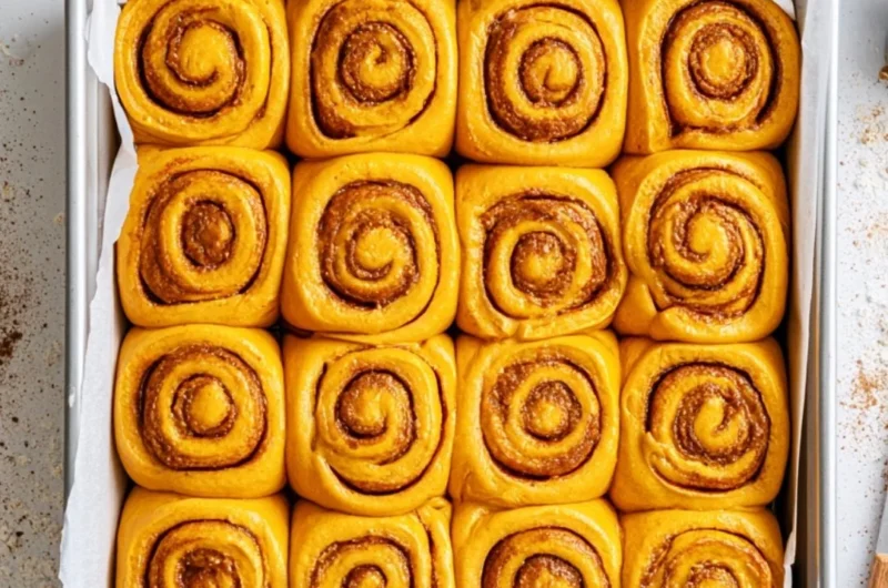 Freshly baked pumpkin cinnamon rolls topped with cream cheese frosting