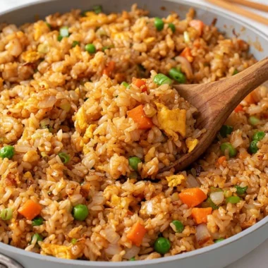 A plate of quick and easy homemade fried rice with colorful vegetables