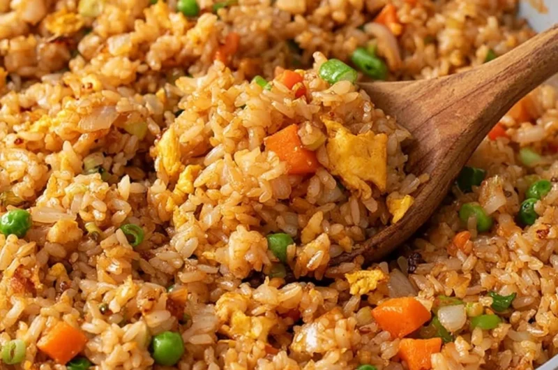 A plate of quick and easy homemade fried rice with colorful vegetables
