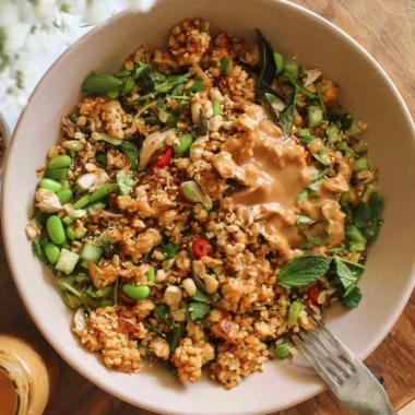 Delicious Satay Crispy Rice Salad with fresh ingredients and vibrant colors.