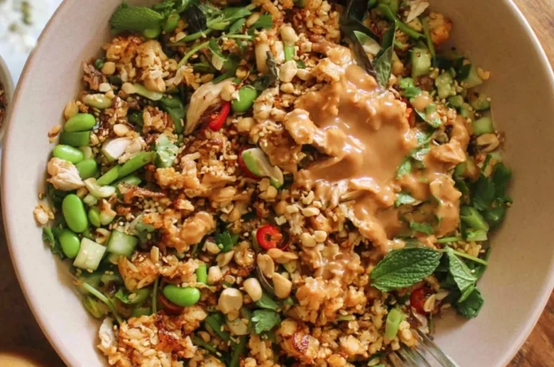 Delicious Satay Crispy Rice Salad with fresh ingredients and vibrant colors.