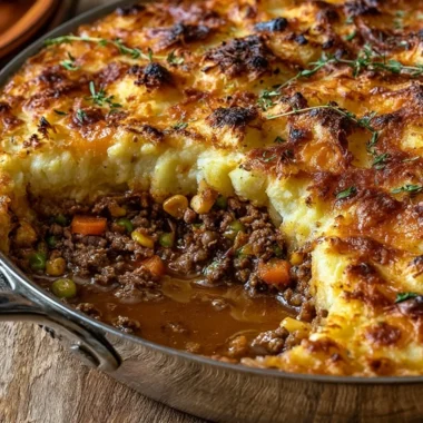 Delicious Shepherd's Pie topped with golden mashed potatoes and minced meat
