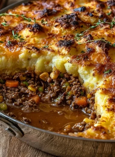 Delicious Shepherd's Pie topped with golden mashed potatoes and minced meat