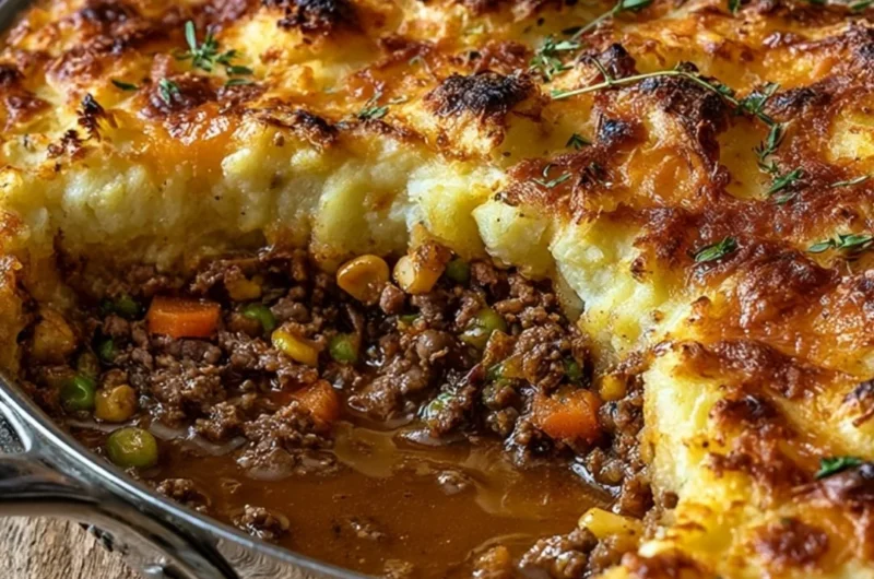 Delicious Shepherd's Pie topped with golden mashed potatoes and minced meat