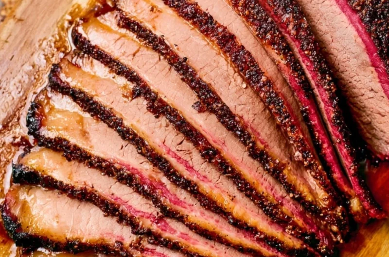 Delicious smoked pellet grill brisket displayed on a wooden board