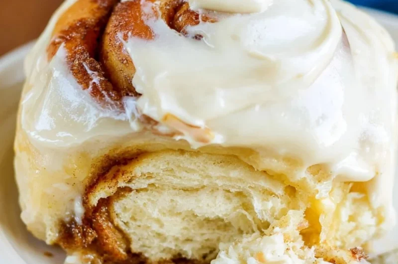 Freshly baked sourdough cinnamon rolls drizzled with icing.