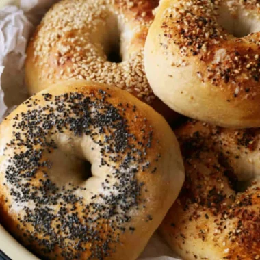 Freshly baked sourdough discard bagels with a golden crust