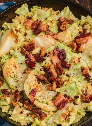 Southern Fried Cabbage cooked with crispy bacon, served in a skillet.