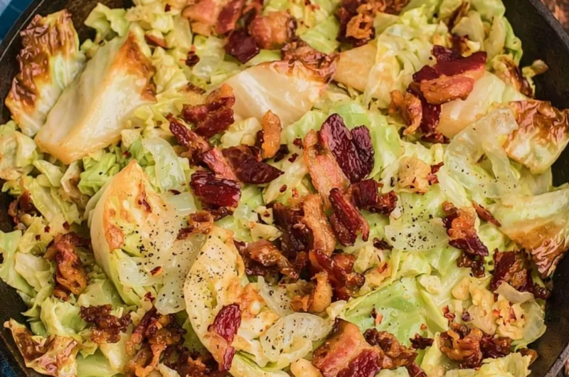 Southern Fried Cabbage cooked with crispy bacon, served in a skillet.