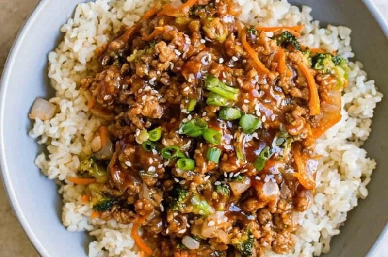 Delicious teriyaki turkey rice bowl garnished with vegetables