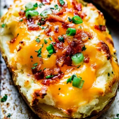 Deliciously creamy Twice Baked Potatoes topped with cheese and herbs.