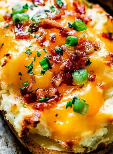Deliciously creamy Twice Baked Potatoes topped with cheese and herbs.