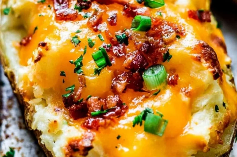 Deliciously creamy Twice Baked Potatoes topped with cheese and herbs.