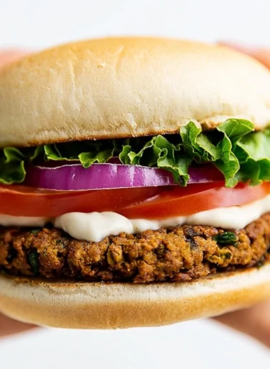 Delicious Vegan Falafel Burger served with fresh vegetables and toppings