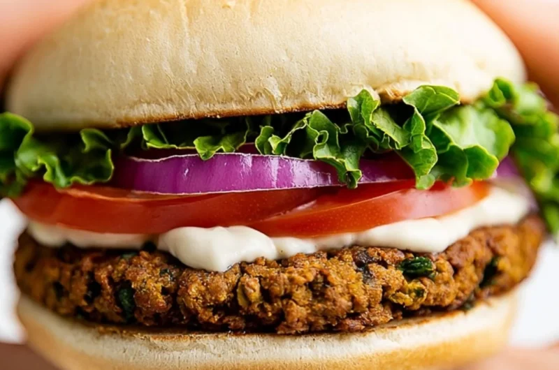 Delicious Vegan Falafel Burger served with fresh vegetables and toppings