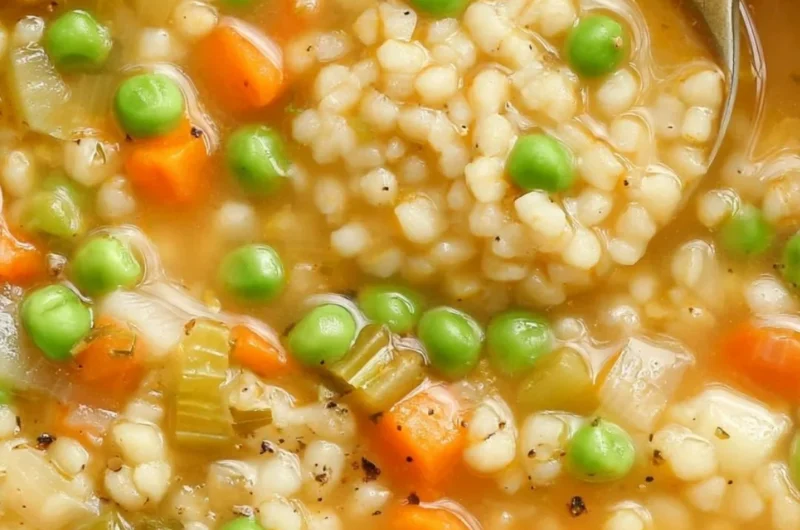 Bowl of Veggie Barley Soup with fresh vegetables and barley grains.