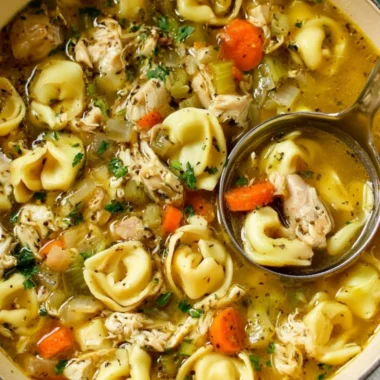 A hearty bowl of chicken tortellini soup filled with vegetables and spices.