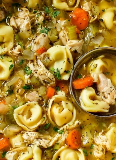 A hearty bowl of chicken tortellini soup filled with vegetables and spices.